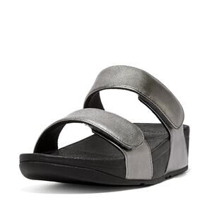 FitFlop Lulu Adjustable Leather Slide Metallic Silver Sandals